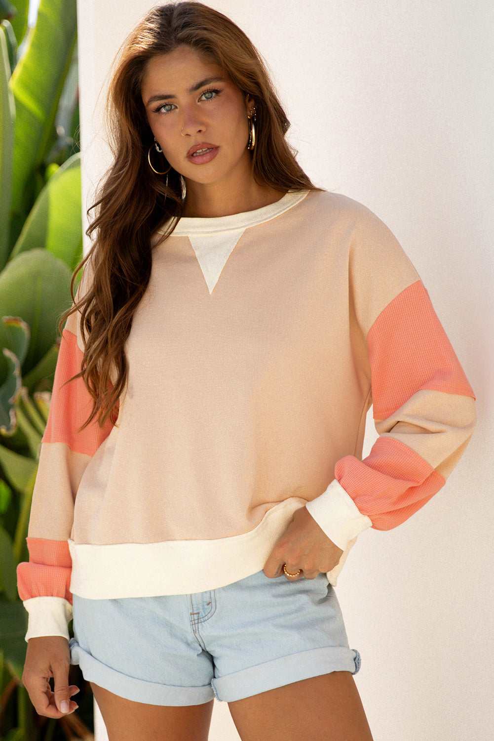 Jolene Block Textured Patchwork Pullover - Beige / L - 12/14