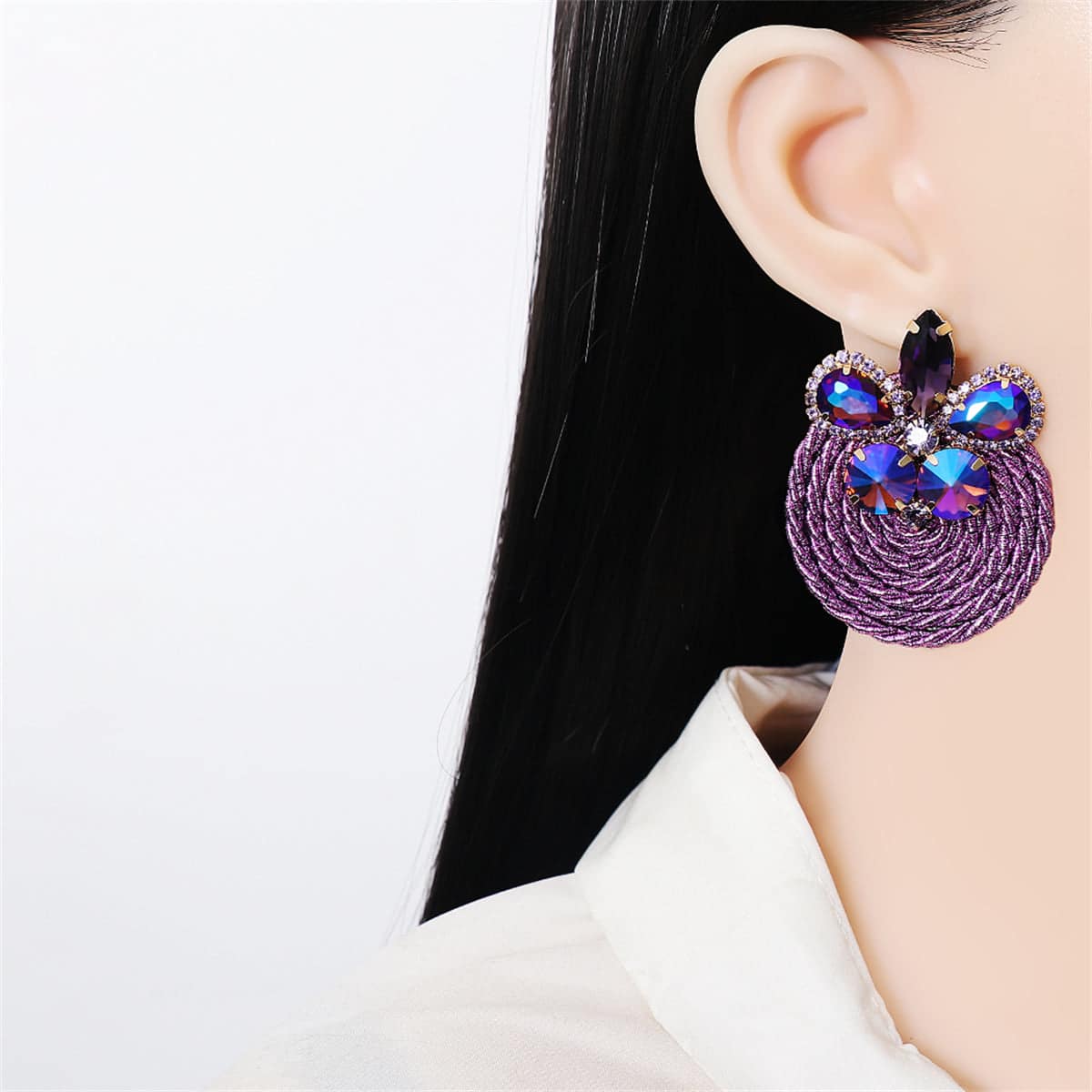 Purple Cubic Zirconia & Goldtone Butterfly Round Drop Earrings