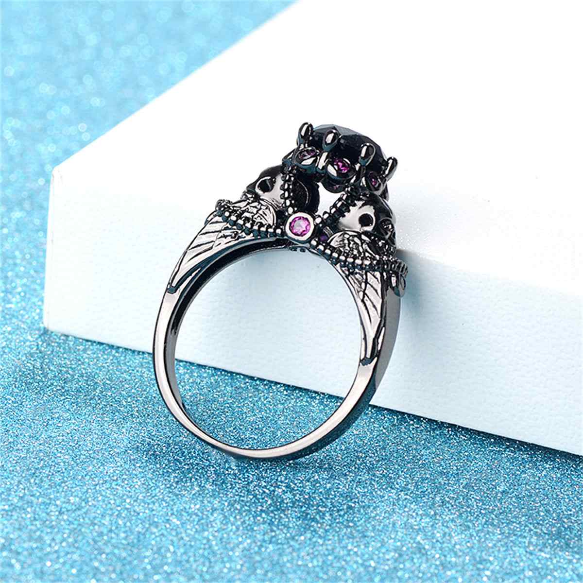 Black Crystal & Cubic Zirconia Skull Ring-3