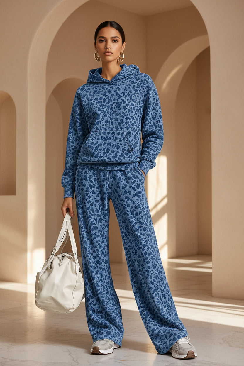 Women's Washed Leopard Print Oversized Hoodie & Wide-Leg Pants Set