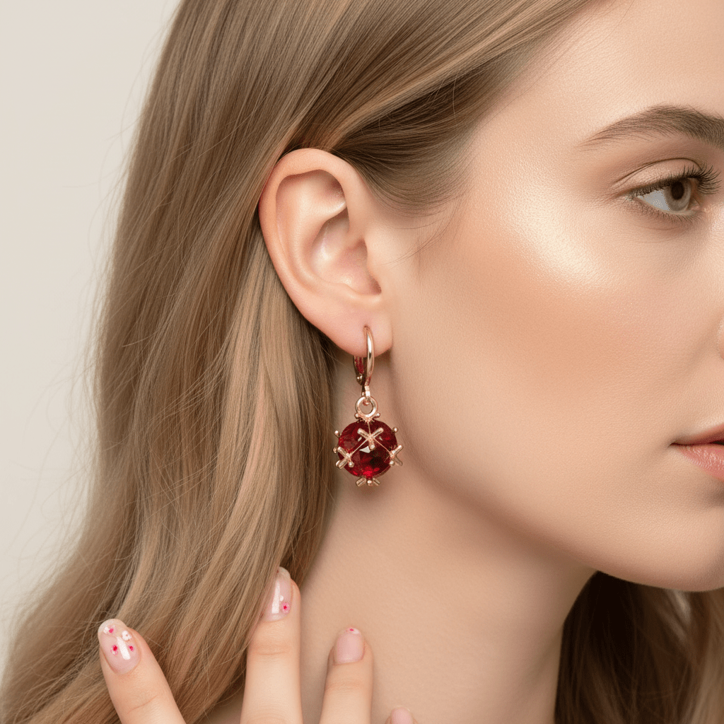 Red Crystal & Goldtone Ball Huggie Earrings