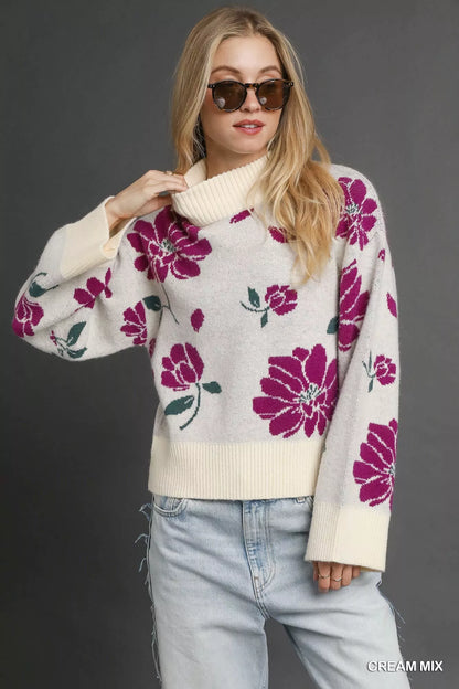Umgee Floral Patterned Mock Neck Sweater