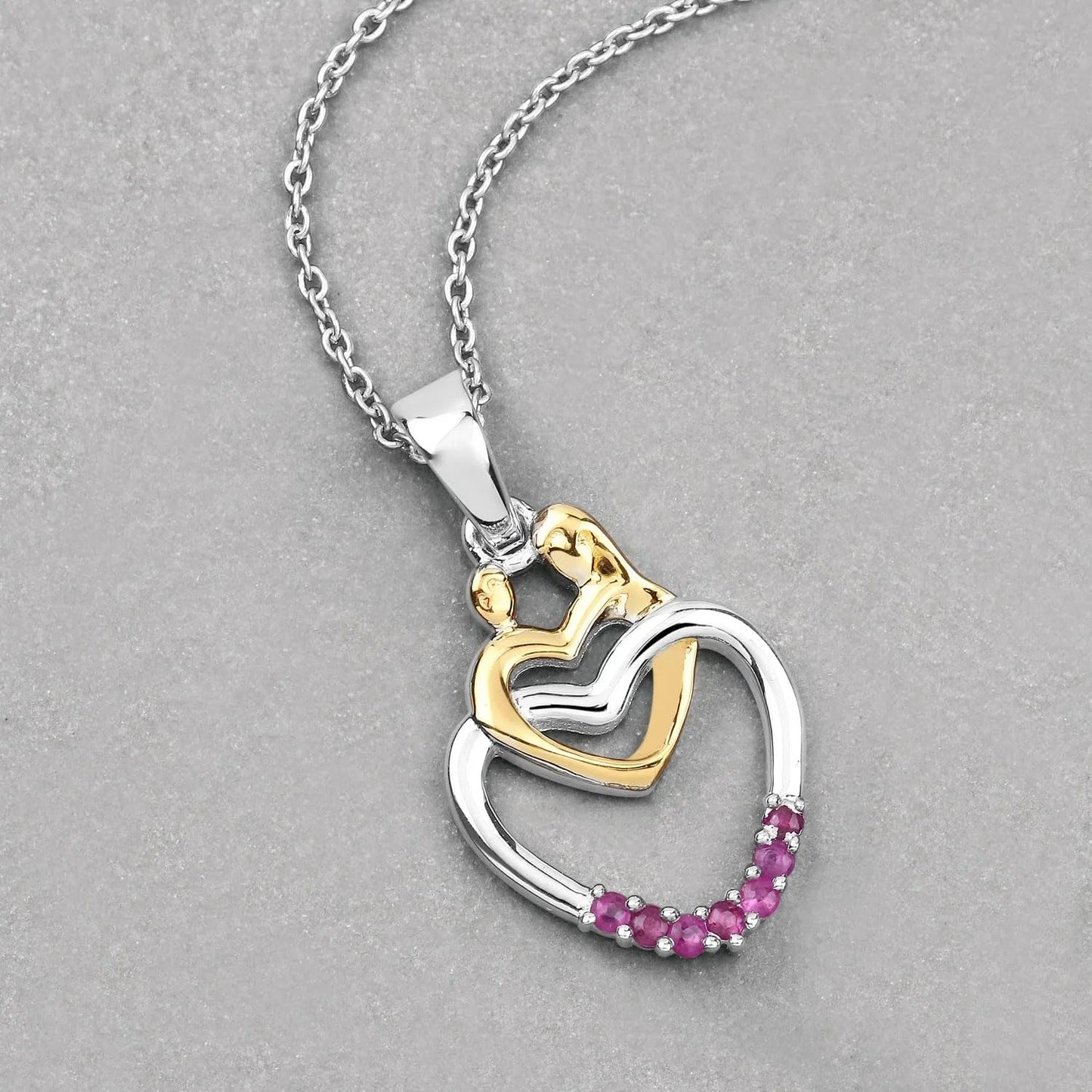 Round Pink Ruby Prong Silver Double Heart Pendant Necklace