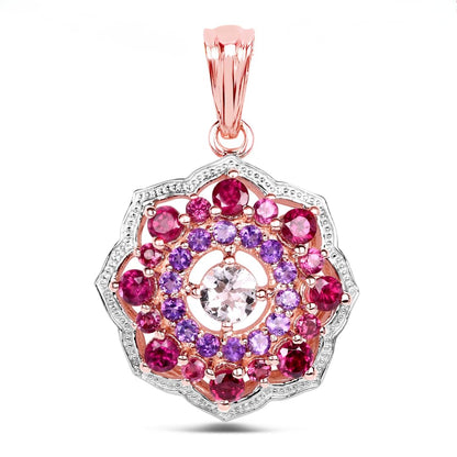 Rhodolite Garnet & Amethyst Prong Rose Gold Plated Silver Cluster Pendant Necklace