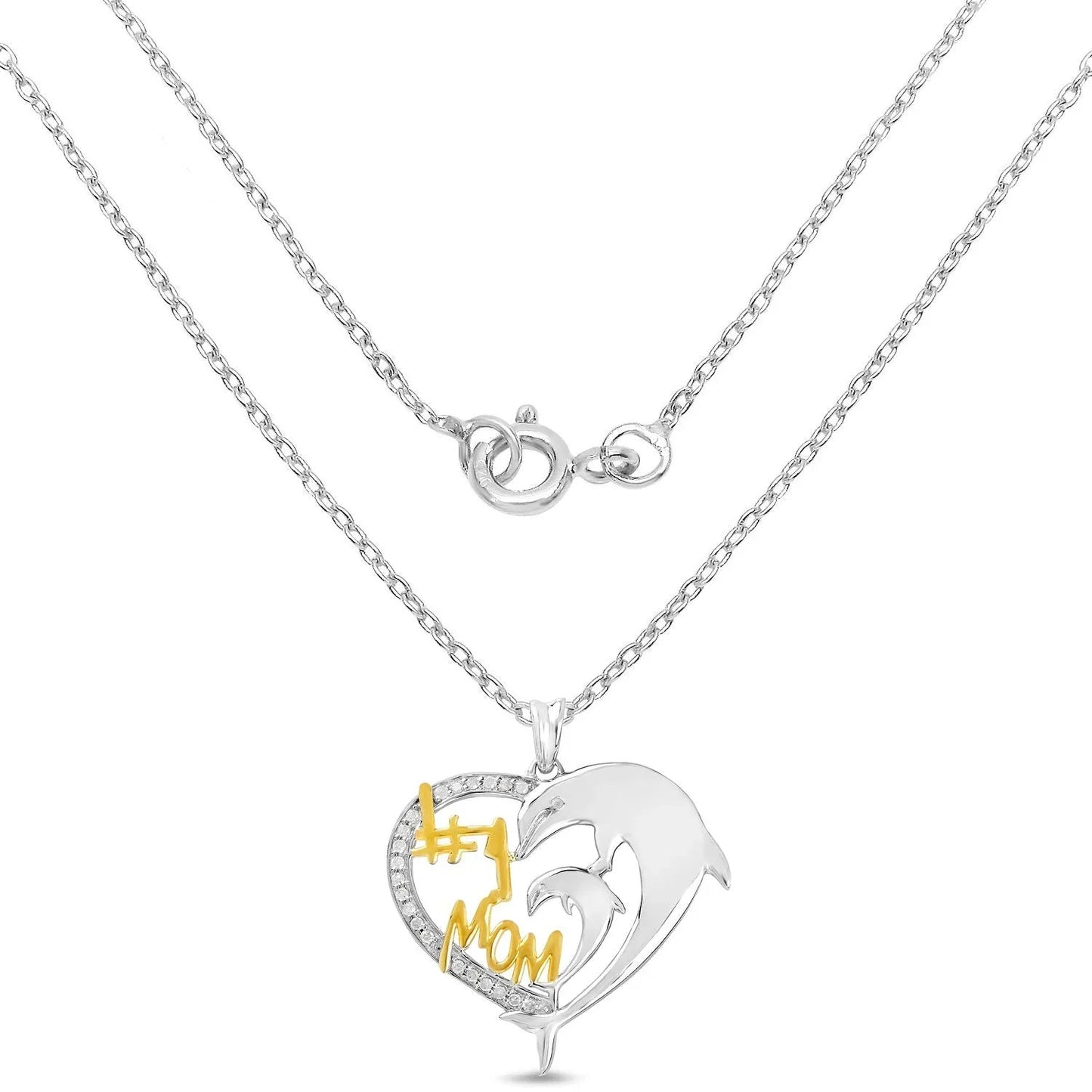 Round White Diamond Mom Heart Charm Necklace