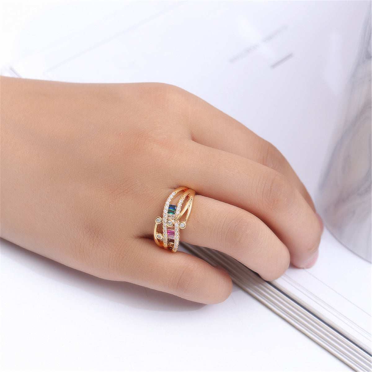 Cubic Zirconia & Rainbow Crystal Rattan Ring-15