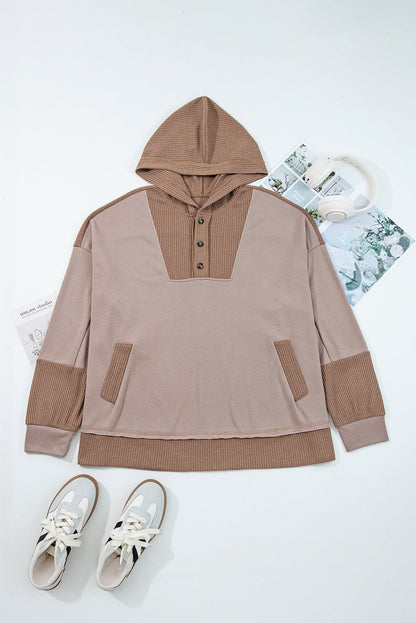 Threaded Pear Goat Waffle Contrast Patchwork Plus Size Pocketed Hoodie