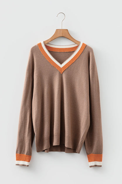 Threaded Pear Scarlett Striped Trim Varsity Sweater