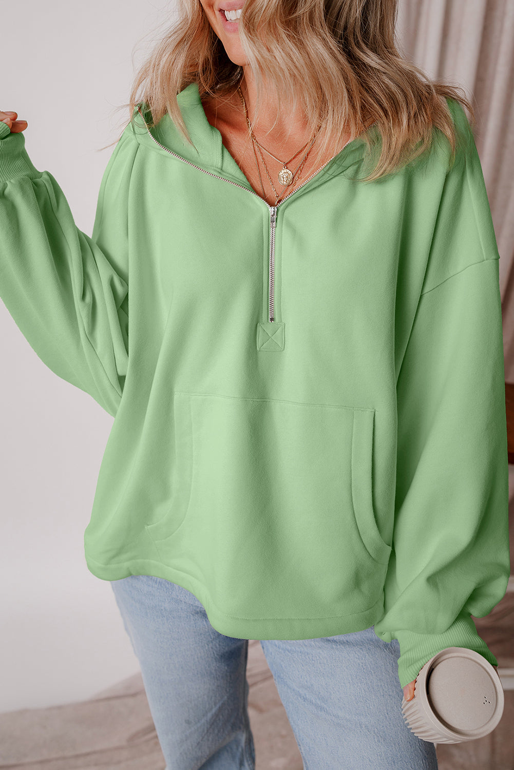 Threaded Pear Kate Fleece Lined Half Zipper Kangaroo Pockets Loose Hoodie