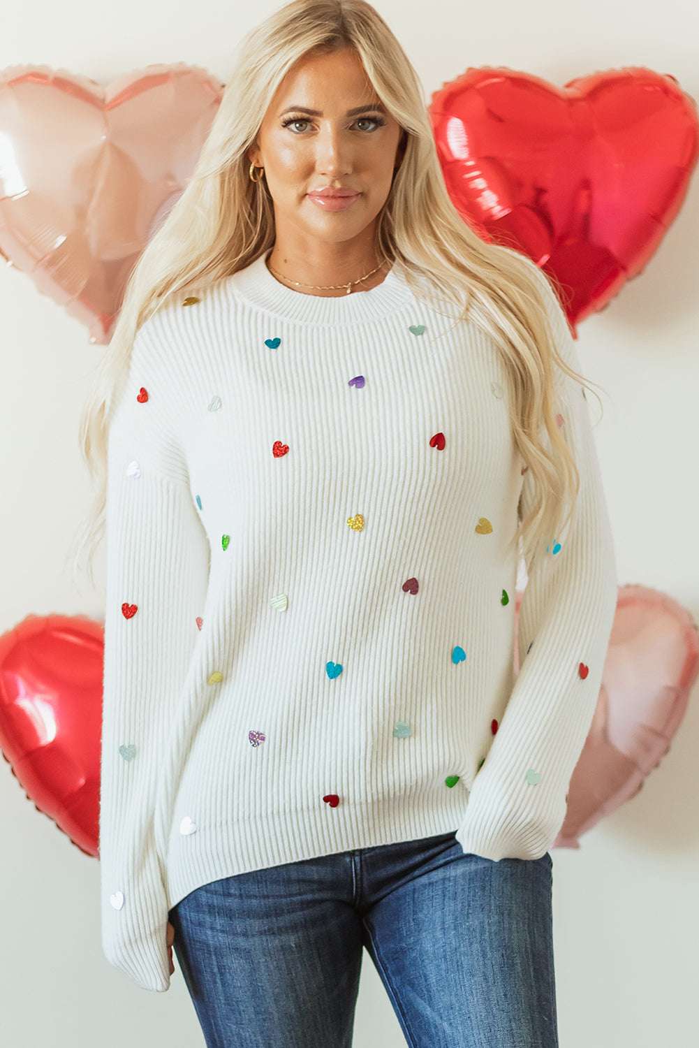 Threaded Pear Sequin Heart Waffle Knit Sweater