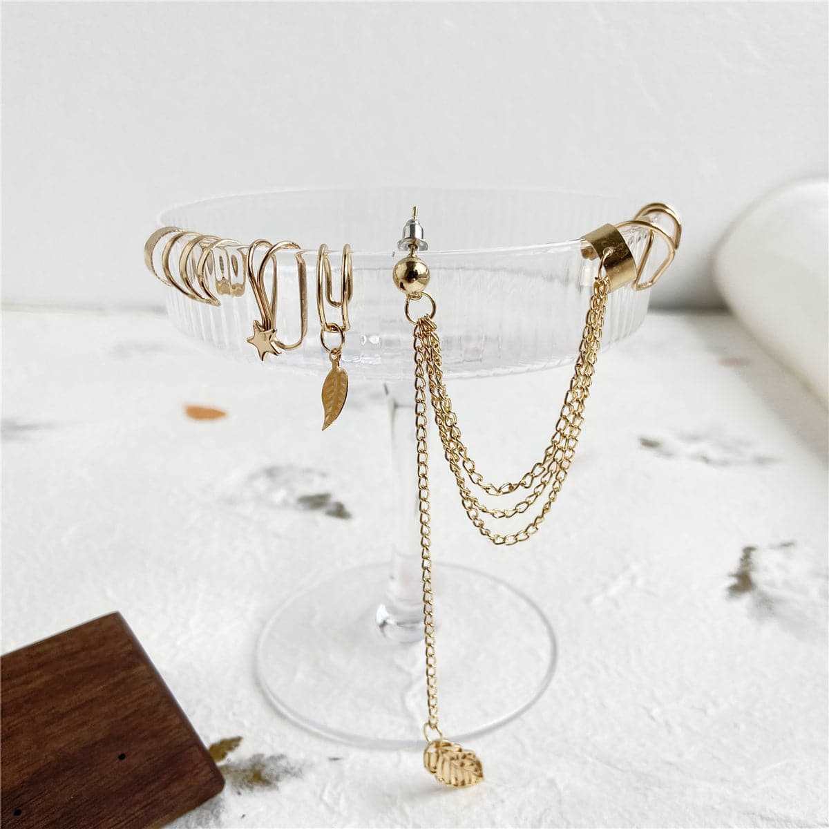 Goldtone Leaf Star Cuff Earring Set