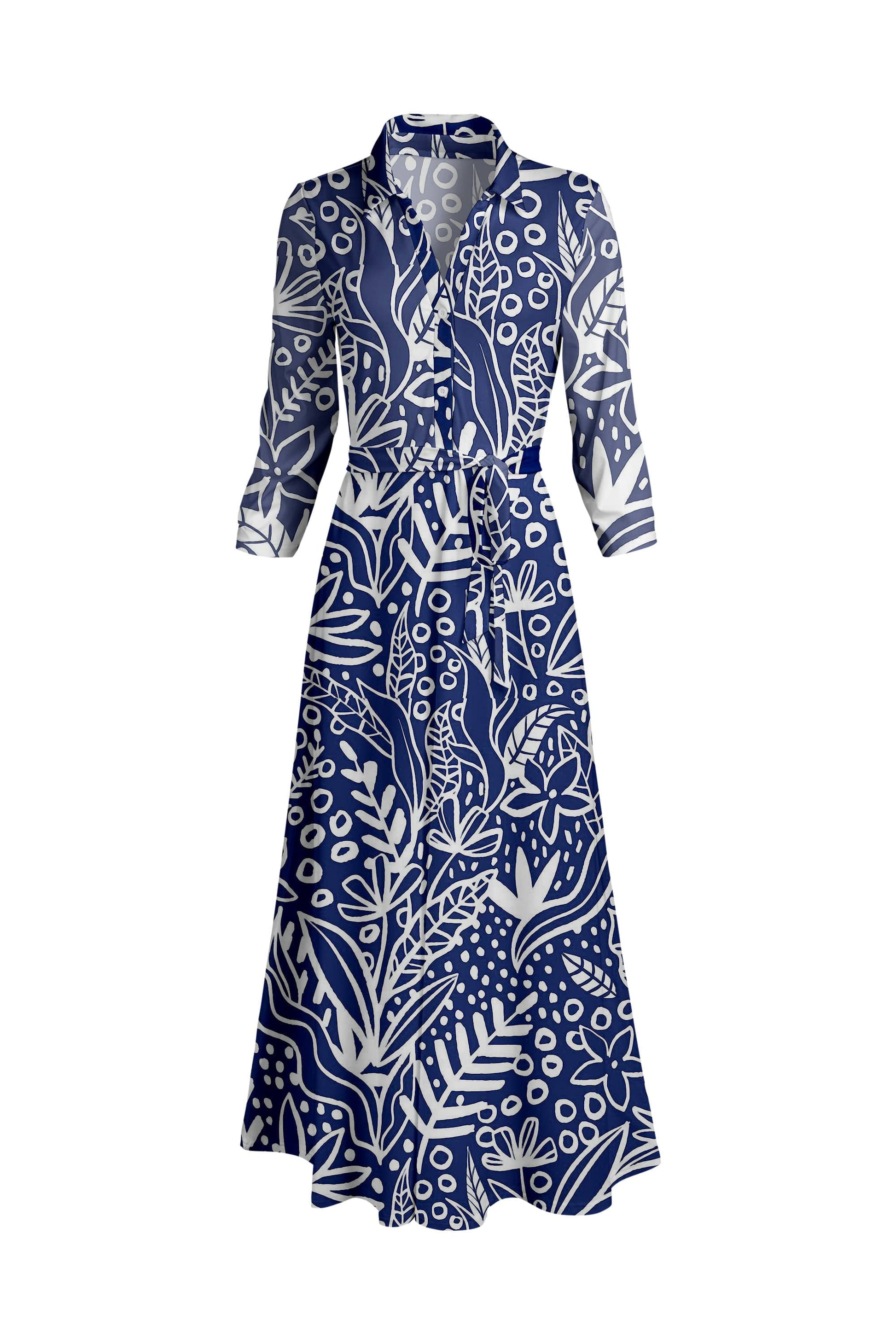 Lily by Firmiana Women's Long Sleeve Collared Maxi Dress with Tie Blue & White Leaf Print Blue & White Leaf Print / XL Lily by Firmiana Women's Long Sleeve Collared Maxi Dress with Tie Blue & White Leaf Print Blue & White Leaf Print / XL