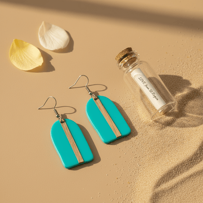Light Blue Resin & Wood Silvertone Arch Hook Earrings