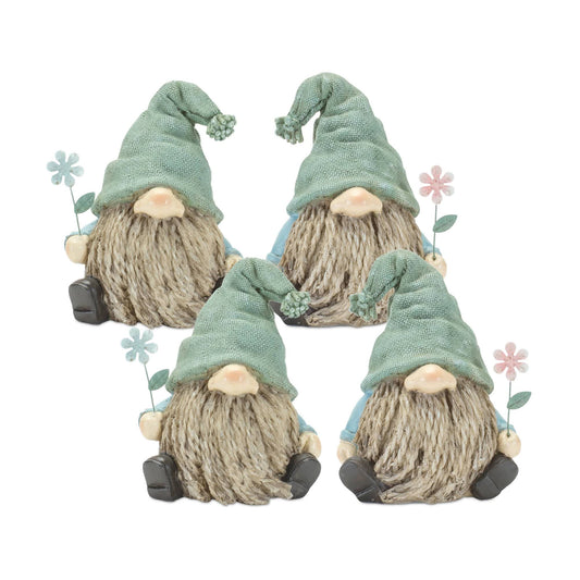 Melrose International Stone Garden Gnome Figurine with Flower Stem Accent (Set of 4)