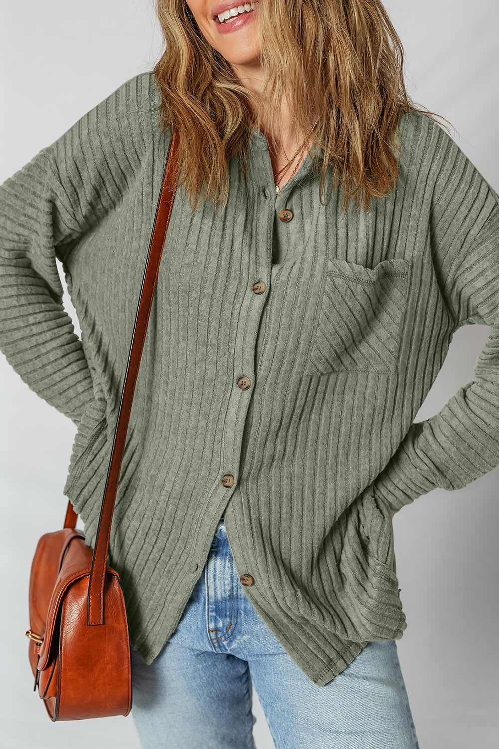 Threaded Pear Lucia Ribbed Texture Button Up Shacket