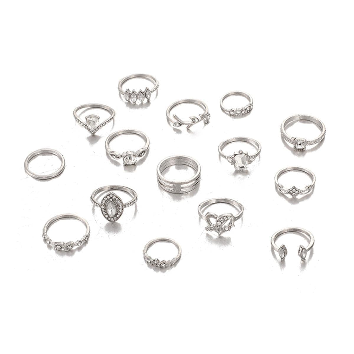 Cubic Zirconia & Silvertone Heart Ring Set