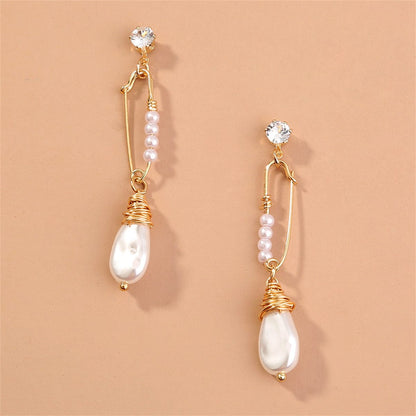 Cubic Zirconia & Pearl Goldtone Safety Pin Drop Earrings
