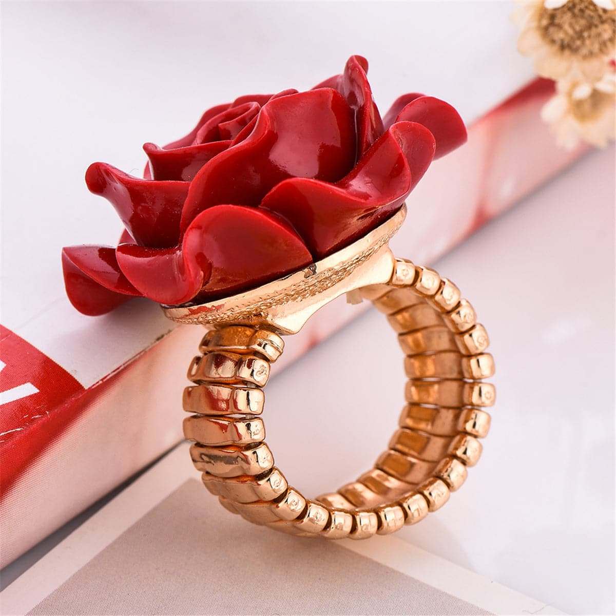 Red & Goldtone Rose Stretch Ring