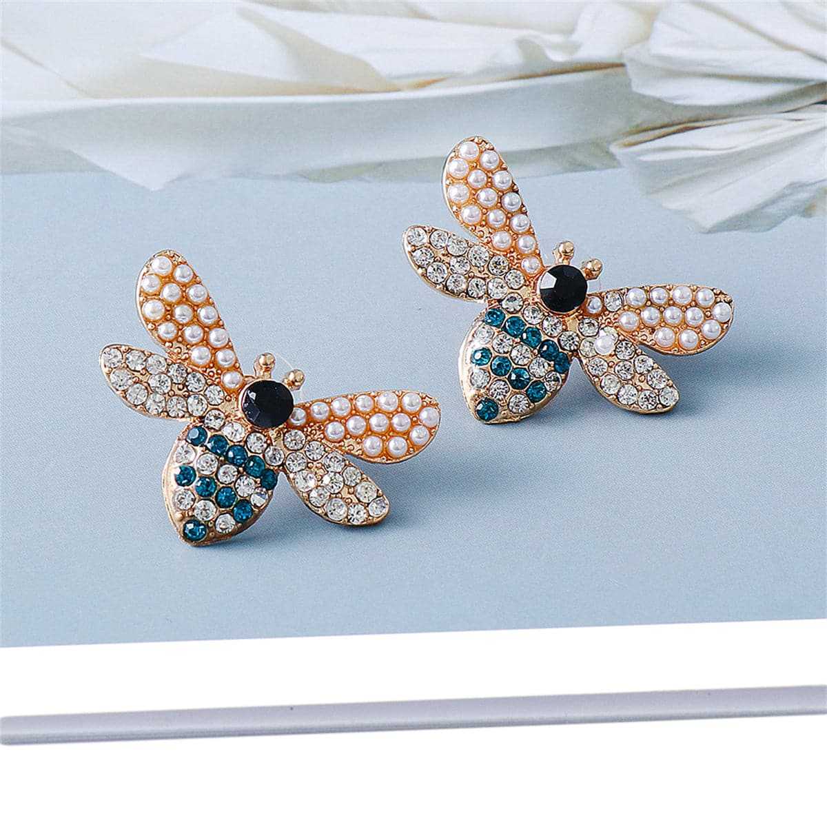 Blue Cubic Zirconia & Pearl Goldtone Bee Stud Earrings