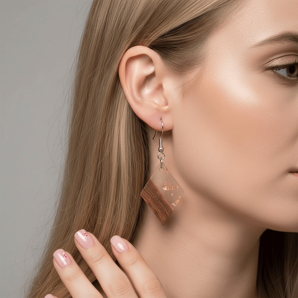Clear Resin & Wood Silvertone Gold Foil Rhombus Hook Earrings