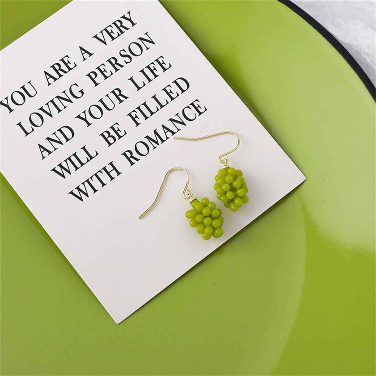 Green Resin & Goldtone Grape Bunch Drop Earrings