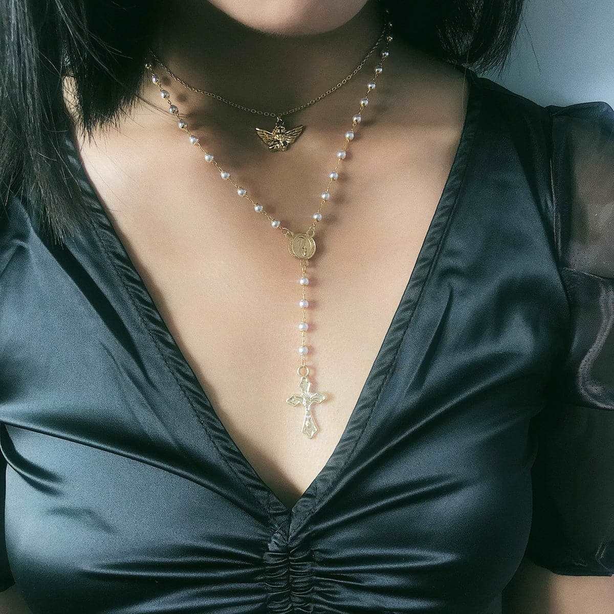 Pearl & Goldtone Cross Layered Station Pendant Necklace