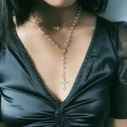 Pearl & Goldtone Cross Layered Station Pendant Necklace
