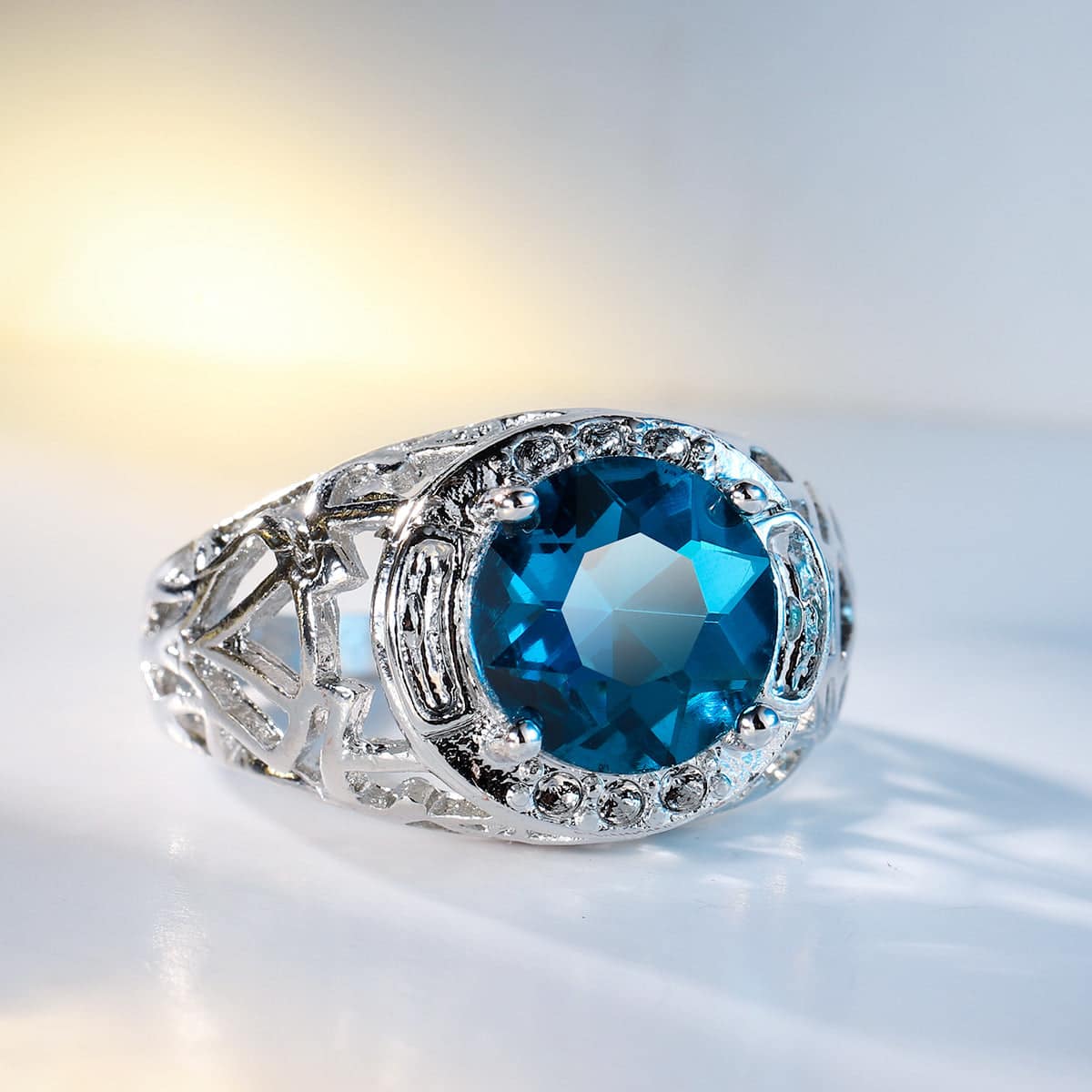 Blue Crystal & Silvertone Filigree Cocktail Ring-1
