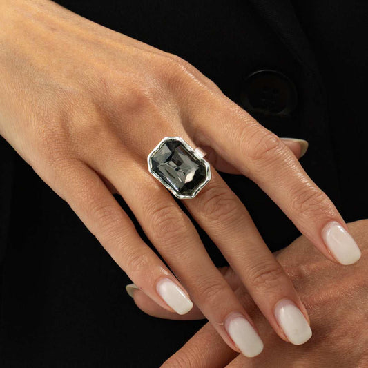 Gray Crystal & Silvertone Radiant Open Ring