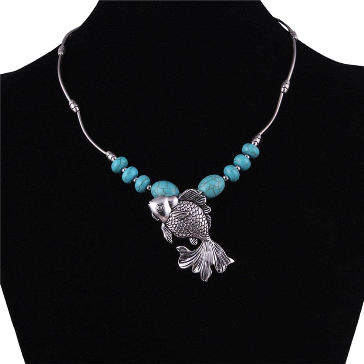Turquoise & Silvertone Fish Pendant Necklace