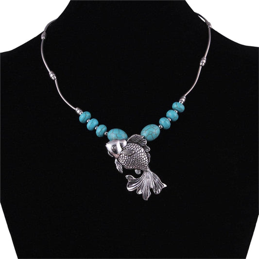 Turquoise & Silvertone Fish Pendant Necklace