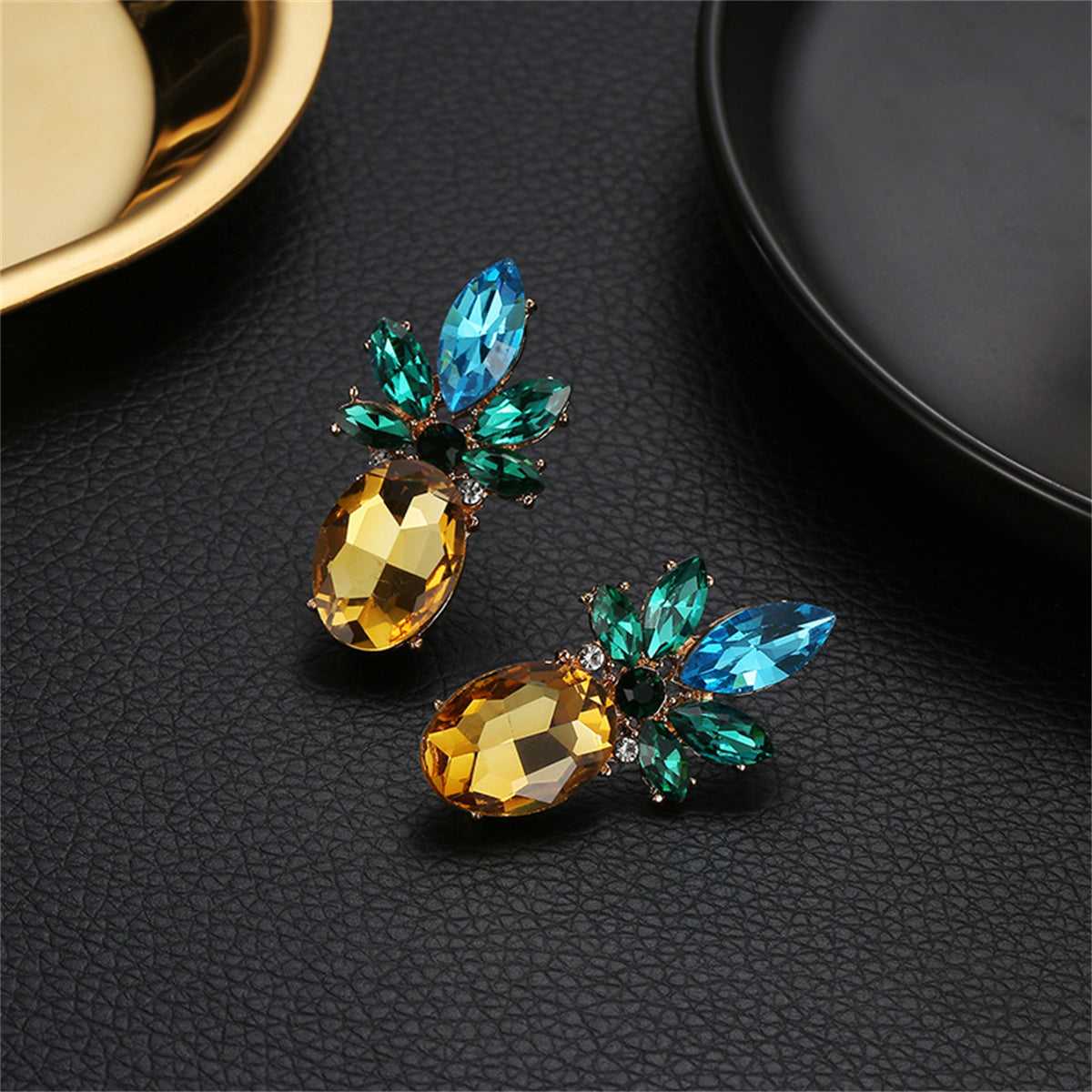 Colored Crystal & Goldtone Pineapple Drop Earrings