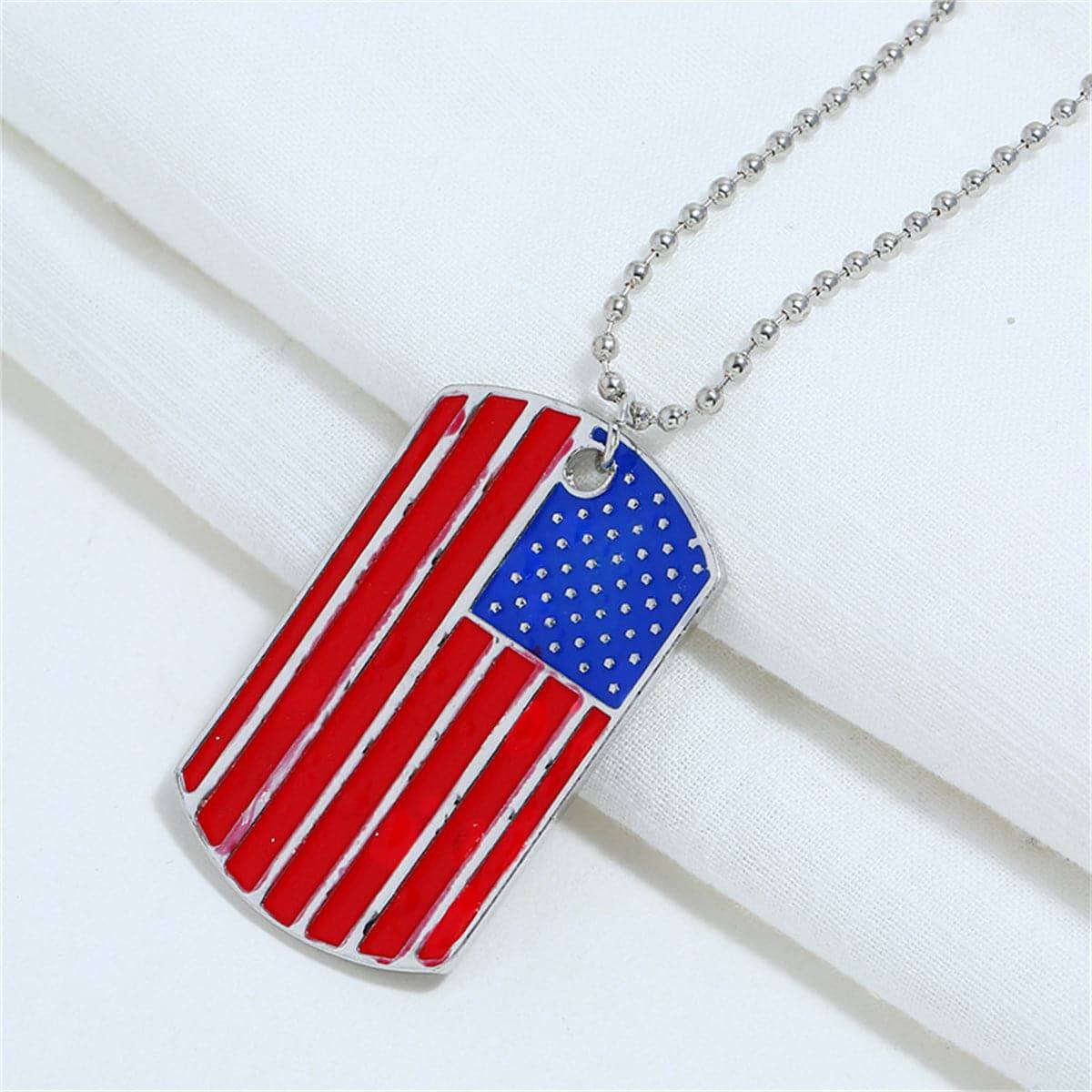 Red & Blue Enamel Stars & Stripes Dog Tag Pendant Necklace