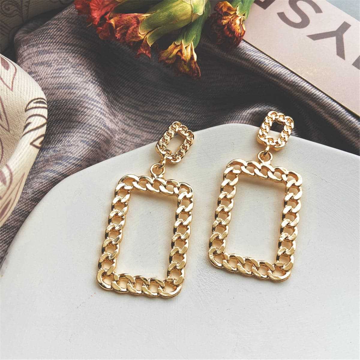 Goldtone Open Figaro Rectangle Drop Earring