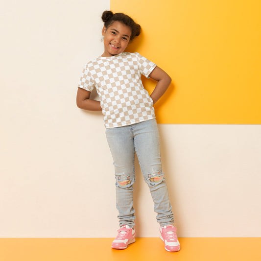 Checkered Tan White Toddler Kids Crew Neck T-shirt