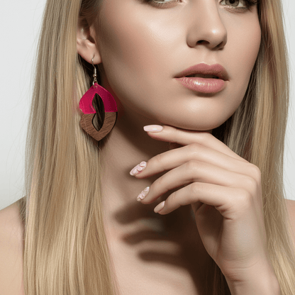 Rose Resin & Wood Silvertone Lips Hook Earrings