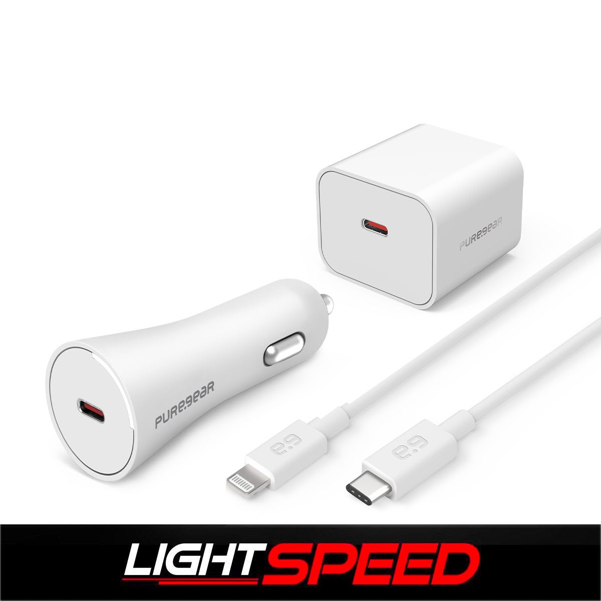Pure Gear Lightspeed - 20w Usb-C Pd Wall Charger + Usb-C Pd Car Charger + Usb-C to Lightning Cable - White