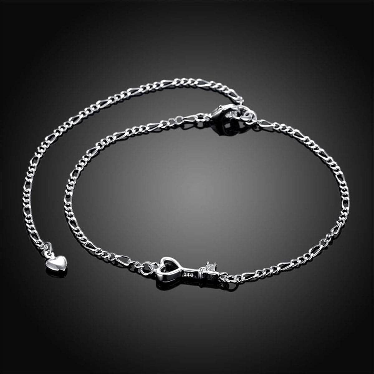 Crystal & Silvertone Heart Key Anklet