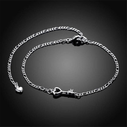 Crystal & Silvertone Heart Key Anklet