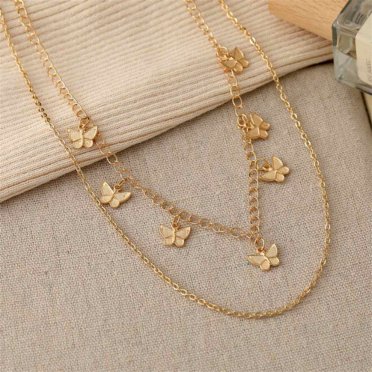 Goldtone Butterfly Station Layered Necklace