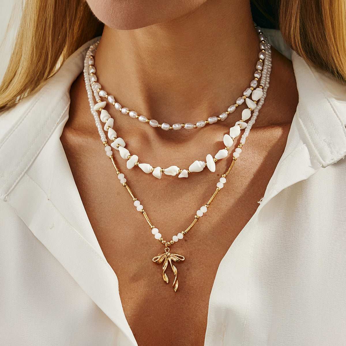 Pearl & Shell Acrylic Goldtone Bow Pendant Necklace Set