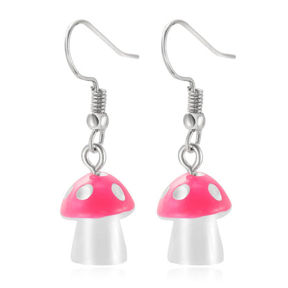 Rose Resin & Silvertone Dot Mushroom Drop Earrings