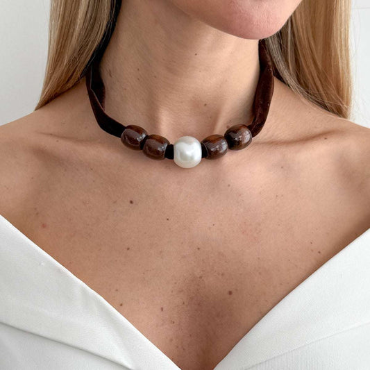Dark Brown Polyster & Wood Pearl Silvertone Ball Collar Necklace