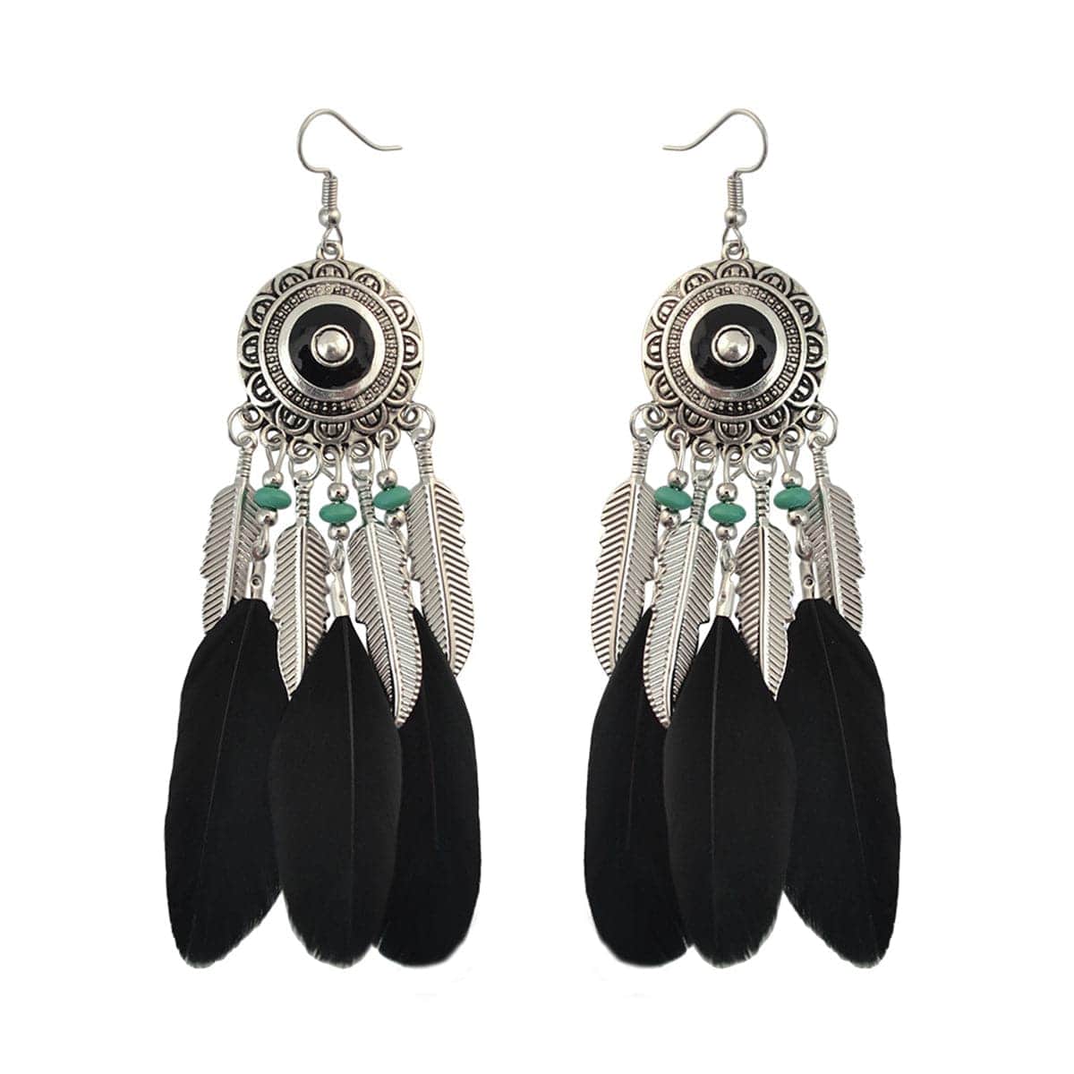 Black Feather & Silvertone Drop Earring