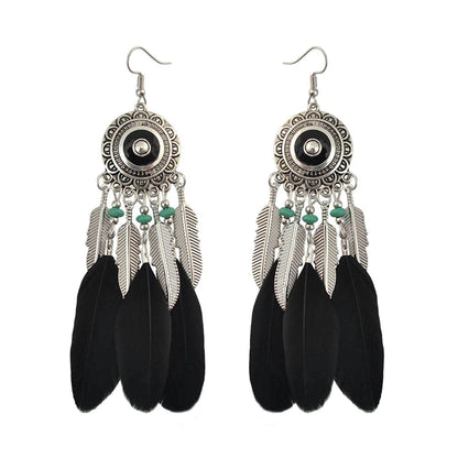 Black Feather & Silvertone Drop Earring