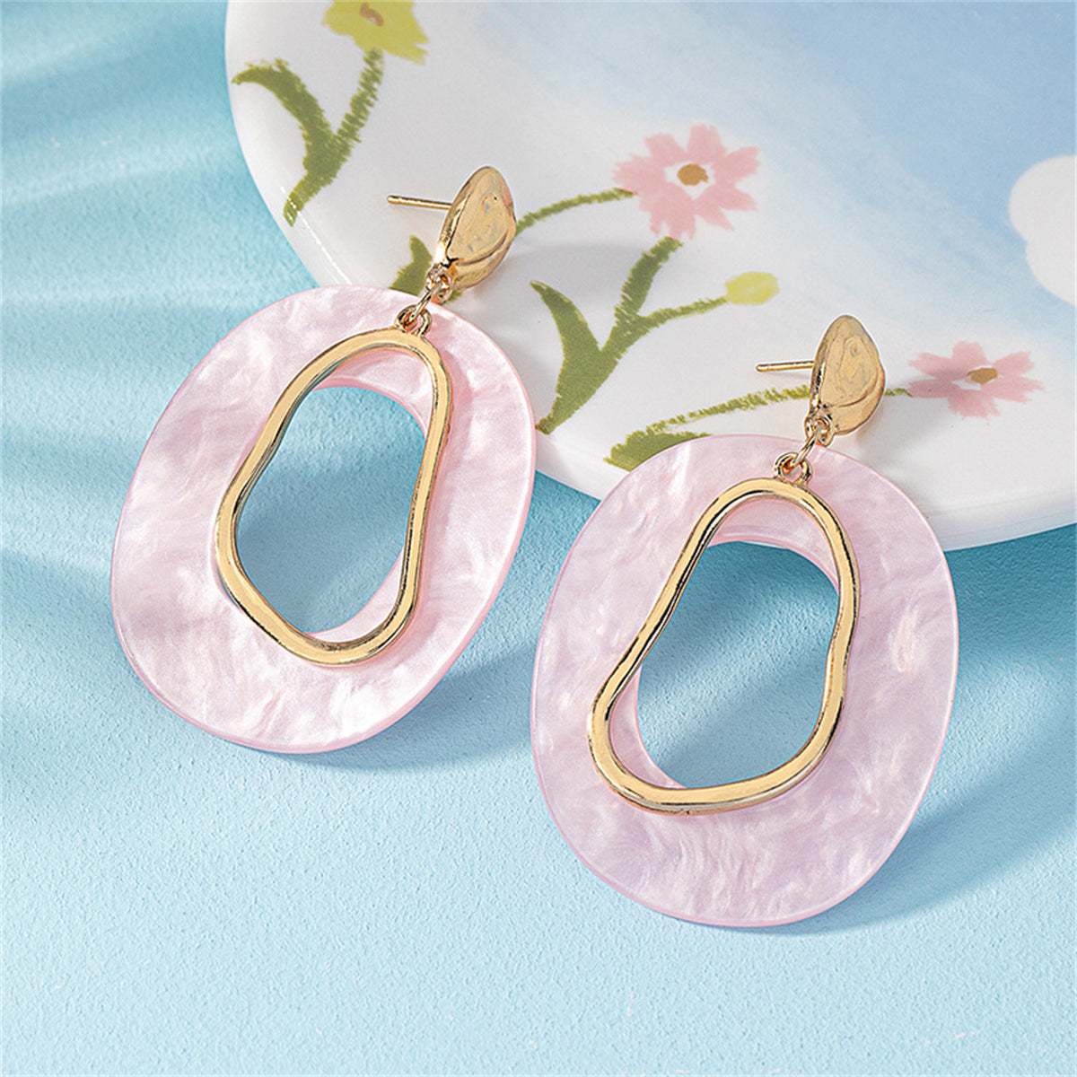Ivory Acrylic & Goldtone Circular Dangle Earrings
