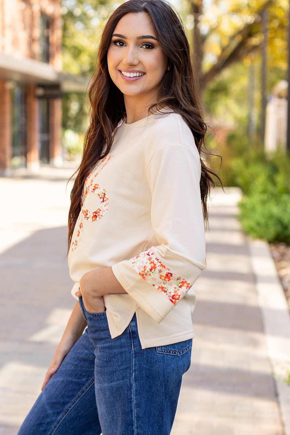 Flower Exposed Seam Wide Sleeve Top - Beige / S - 4/6