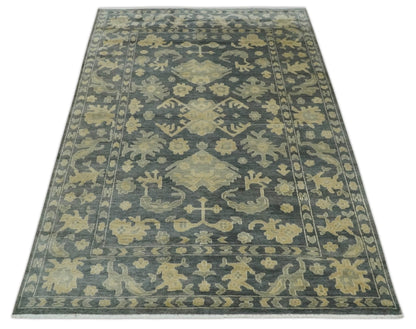 Antique Style 6x9 Hand Knotted Beige and Charcoal Traditional Wool Rug | N35669