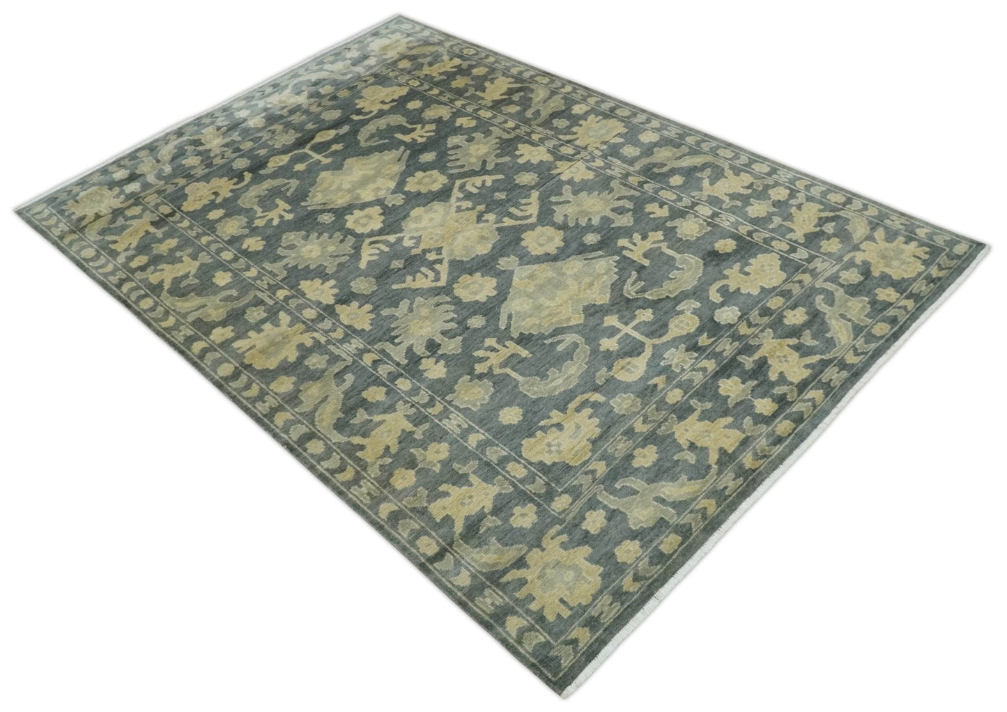 Antique Style 6x9 Hand Knotted Beige and Charcoal Traditional Wool Rug | N35669