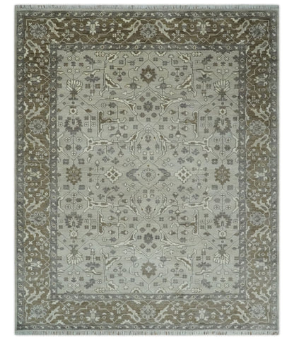 Antique Style Traditional Silver and Olive Oriental Oushak 8x10 wool Area Rug